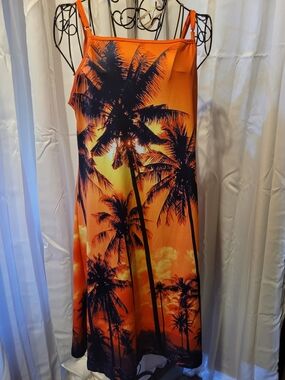 Tropical Sunset Orange Palm-Print Spaghetti Strap Dress